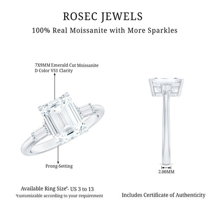 Solitaire Moissanite Emerald Cut Engagement Ring with Certificate
