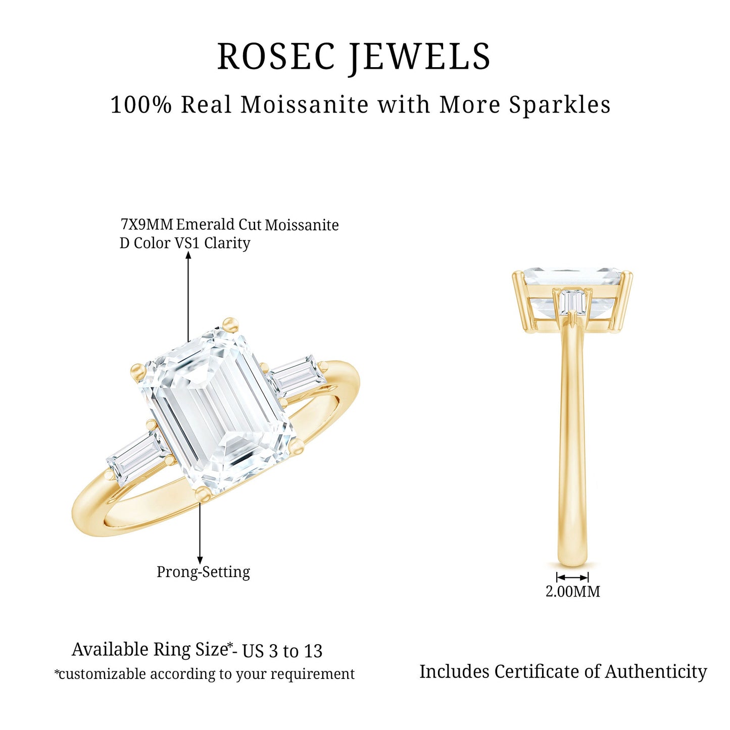 Solitaire Moissanite Emerald Cut Engagement Ring with Certificate