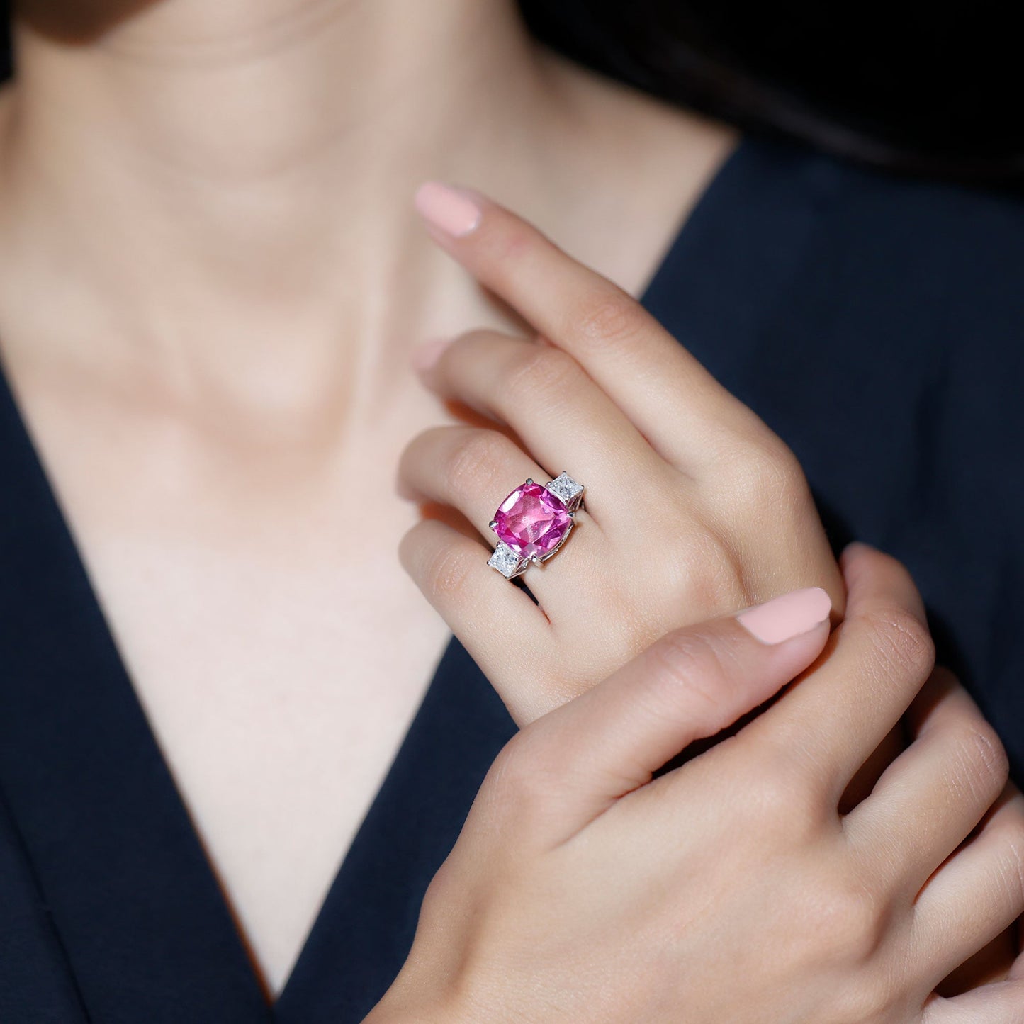 Lab Created Pink Sapphire Statement Engagement Ring with Moissanite