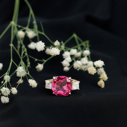 Lab Created Pink Sapphire Statement Engagement Ring with Moissanite