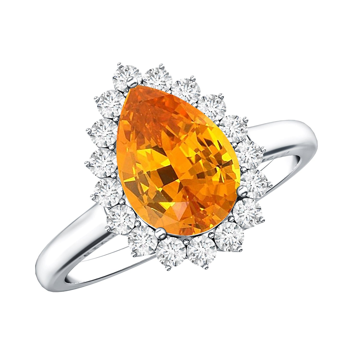 2.5 Carat Lab Grown Orange Sapphire Teardrop Engagement Ring with Diamond Halo