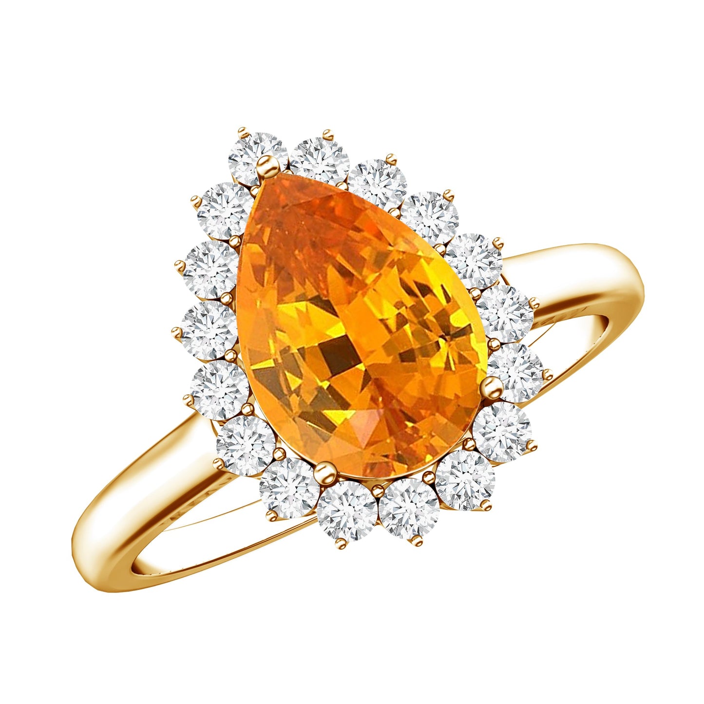 2.5 Carat Lab Grown Orange Sapphire Teardrop Engagement Ring with Diamond Halo
