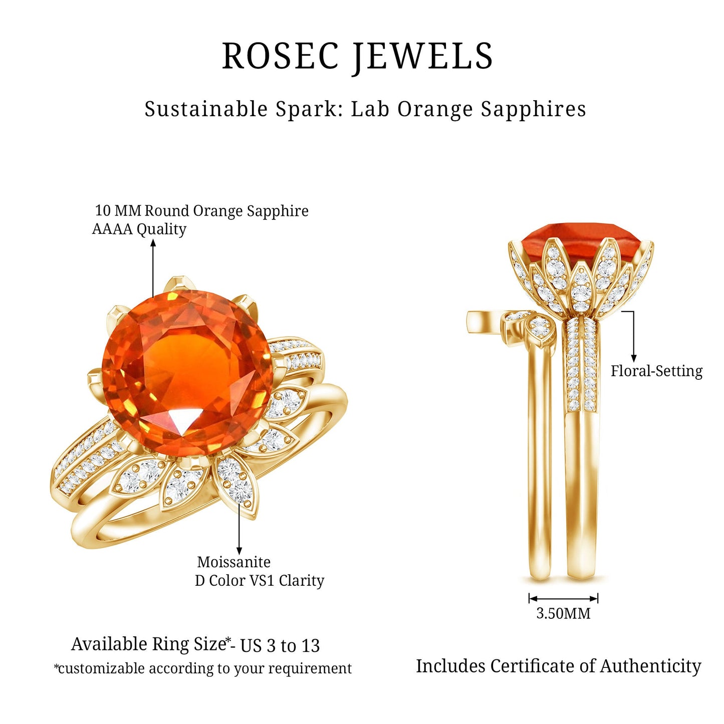Nature Inspired 4.5 Carat Lab Grown Orange Sapphire Engagement Ring with Enhancer