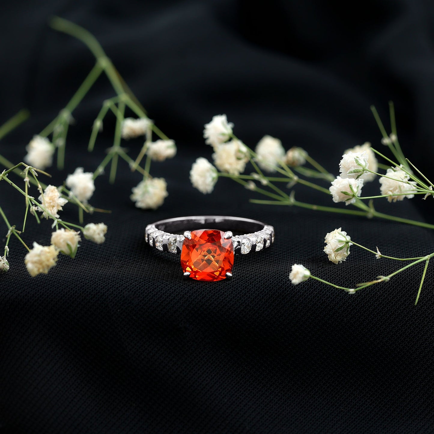 2.75 Carat Lab Grown Orange Sapphire Cushion Cut Engagement Ring with Diamond