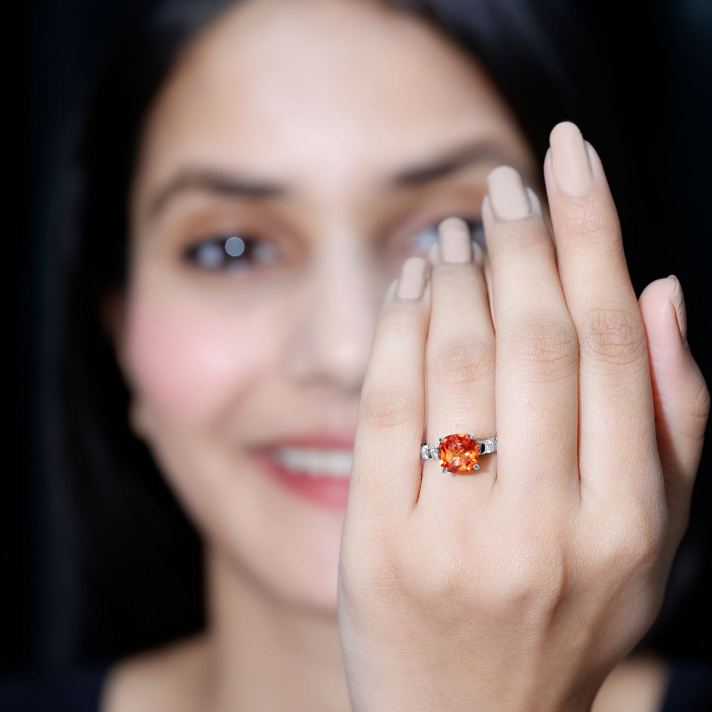 2.75 Carat Lab Grown Orange Sapphire Cushion Cut Engagement Ring with Diamond