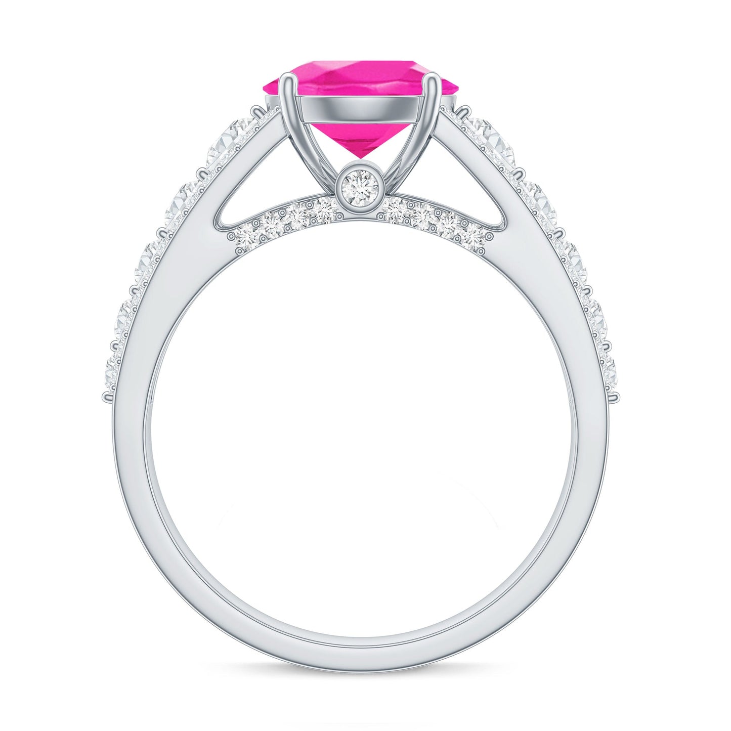 Created Pink Sapphire Engagement Ring with Moissanite Side Stones