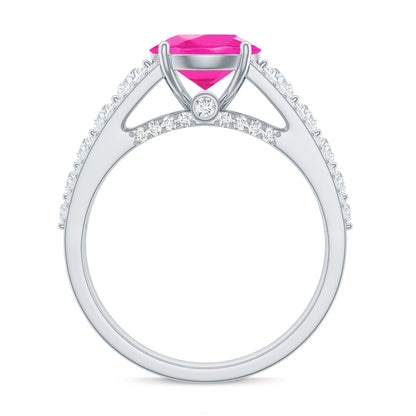 Created Pink Sapphire Engagement Ring with Moissanite Side Stones