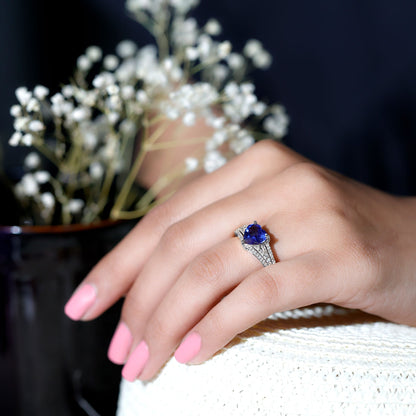 Certified 2 Carat Lab Grown Blue Sapphire Heart Engagement Ring with Diamond Split Shank
