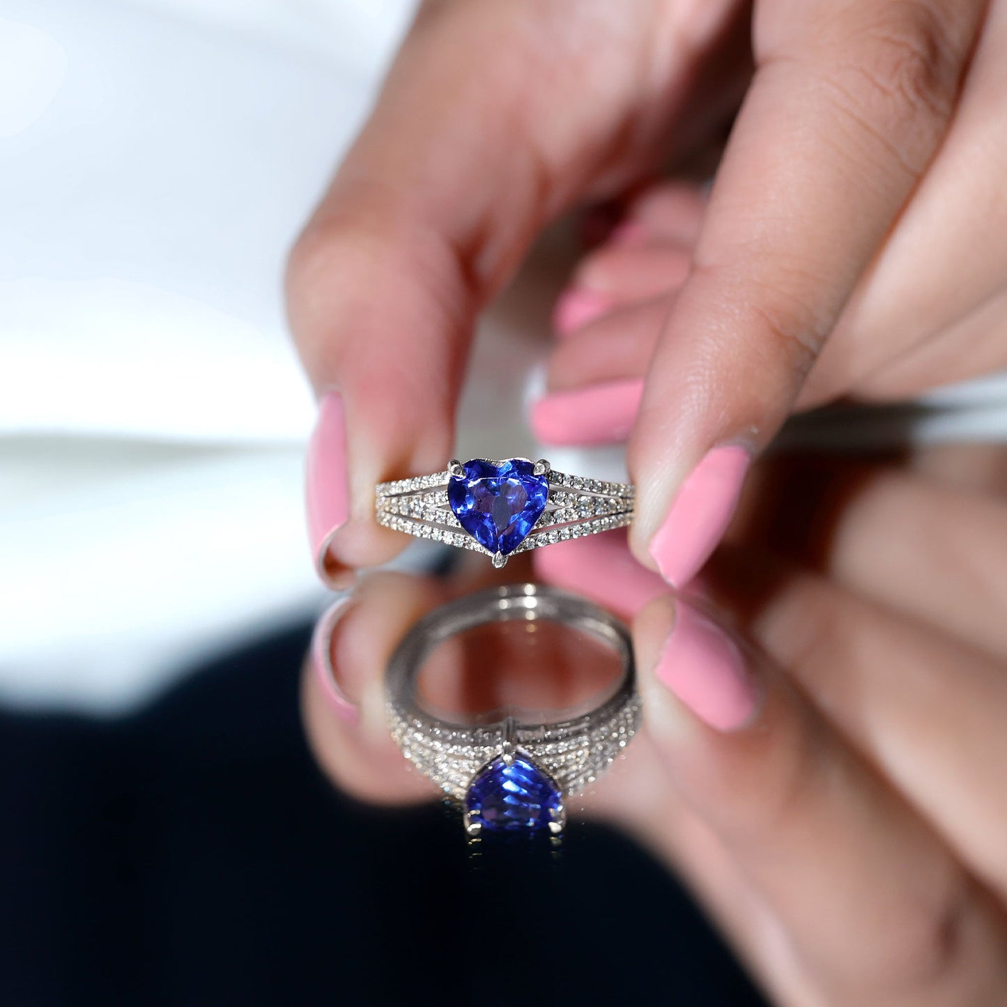 Certified 2 Carat Lab Grown Blue Sapphire Heart Engagement Ring with Diamond Split Shank