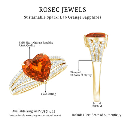 2 Carat Lab Grown Orange Sapphire Heart Engagement Ring with Diamond Split Shank