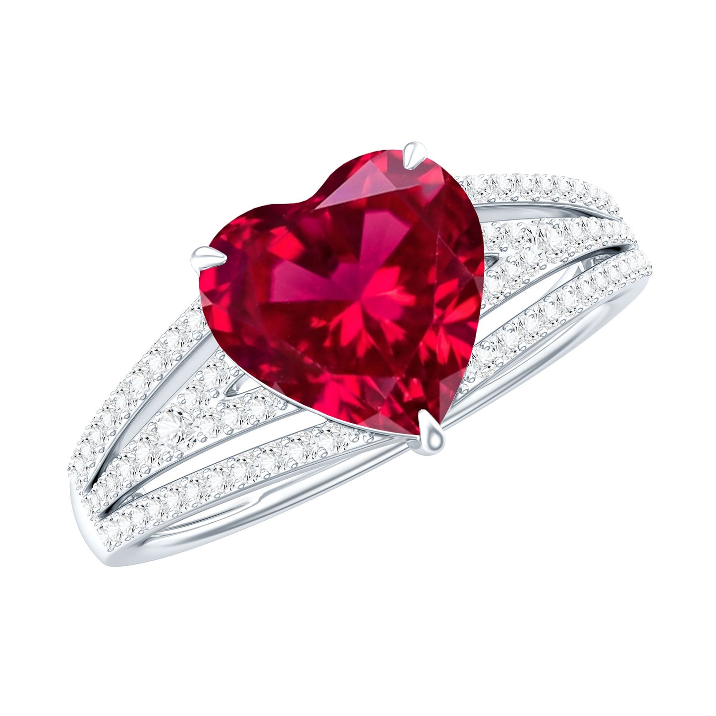 Heart Shape Created Ruby Engagement Ring with Diamond