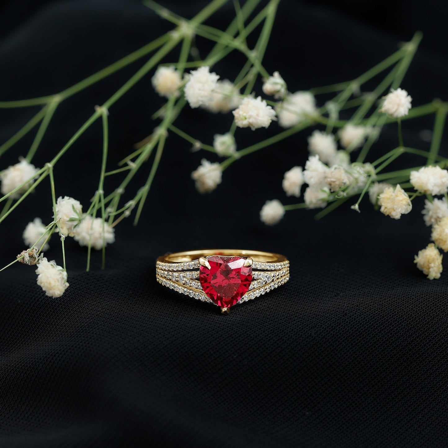 Heart Shape Created Ruby Engagement Ring with Diamond