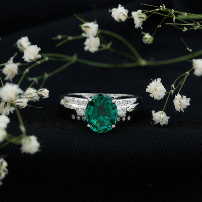 3 Carat Lab Grown Emerald Oval Engagement Ring with Diamond