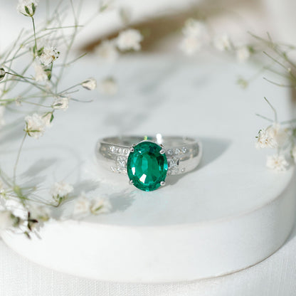 3 Carat Lab Grown Emerald Oval Engagement Ring with Diamond