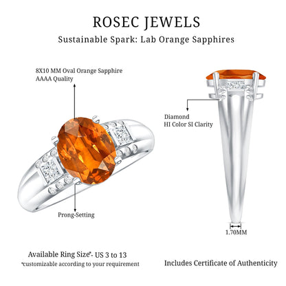 4 Carat Oval Lab Grown Orange Sapphire Statement Engagement Ring with Diamond