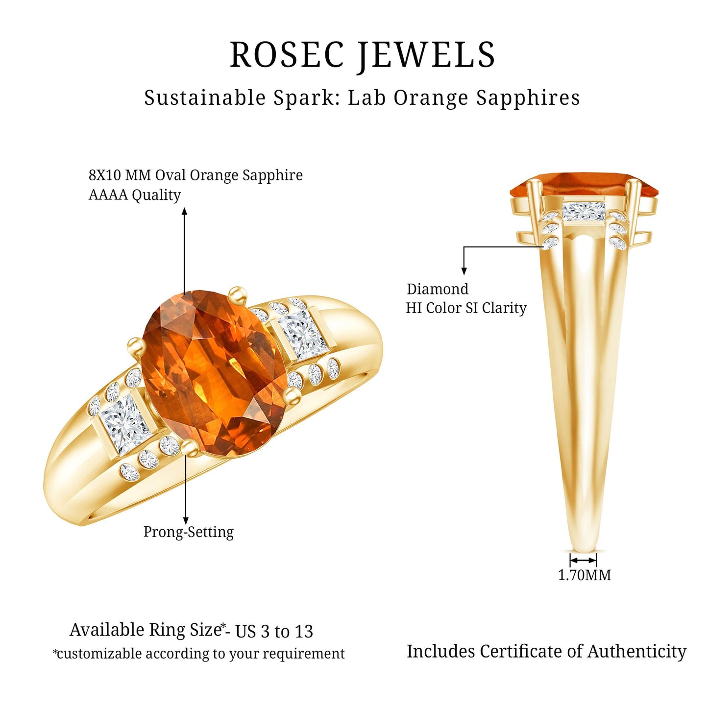 4 Carat Oval Lab Grown Orange Sapphire Statement Engagement Ring with Diamond