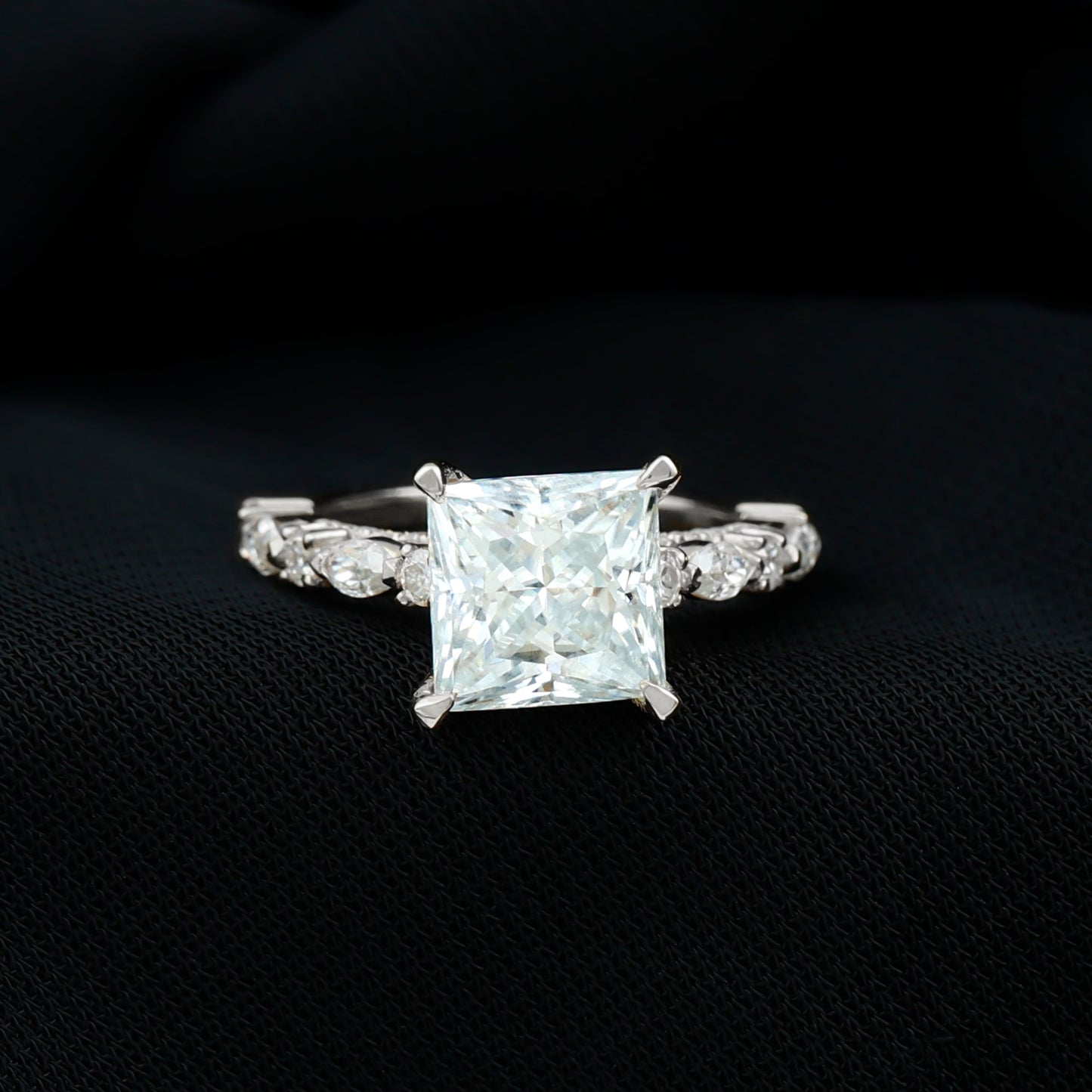 Certified Princess Cut Moissanite Engagement Ring with Side Stones