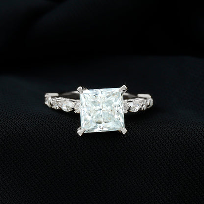 Certified Princess Cut Moissanite Engagement Ring with Side Stones