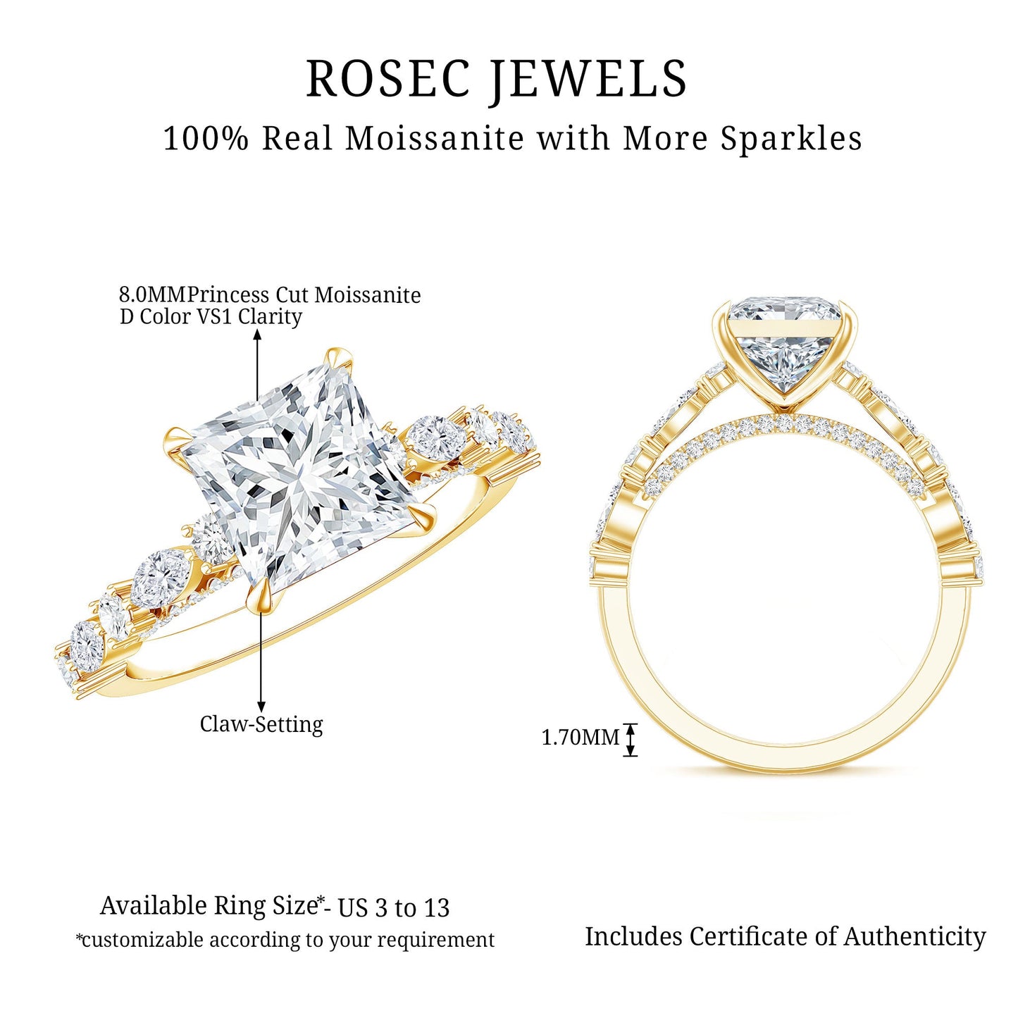 Certified Princess Cut Moissanite Engagement Ring with Side Stones