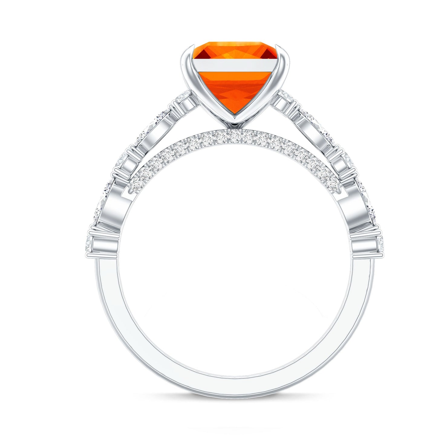 2.75 Carat Lab Grown Orange Sapphire Princess Cut Engagement Ring with Side Stones