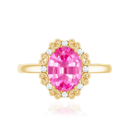 Vintage Style Lab Grown Pink Sapphire Oval Engagement Ring