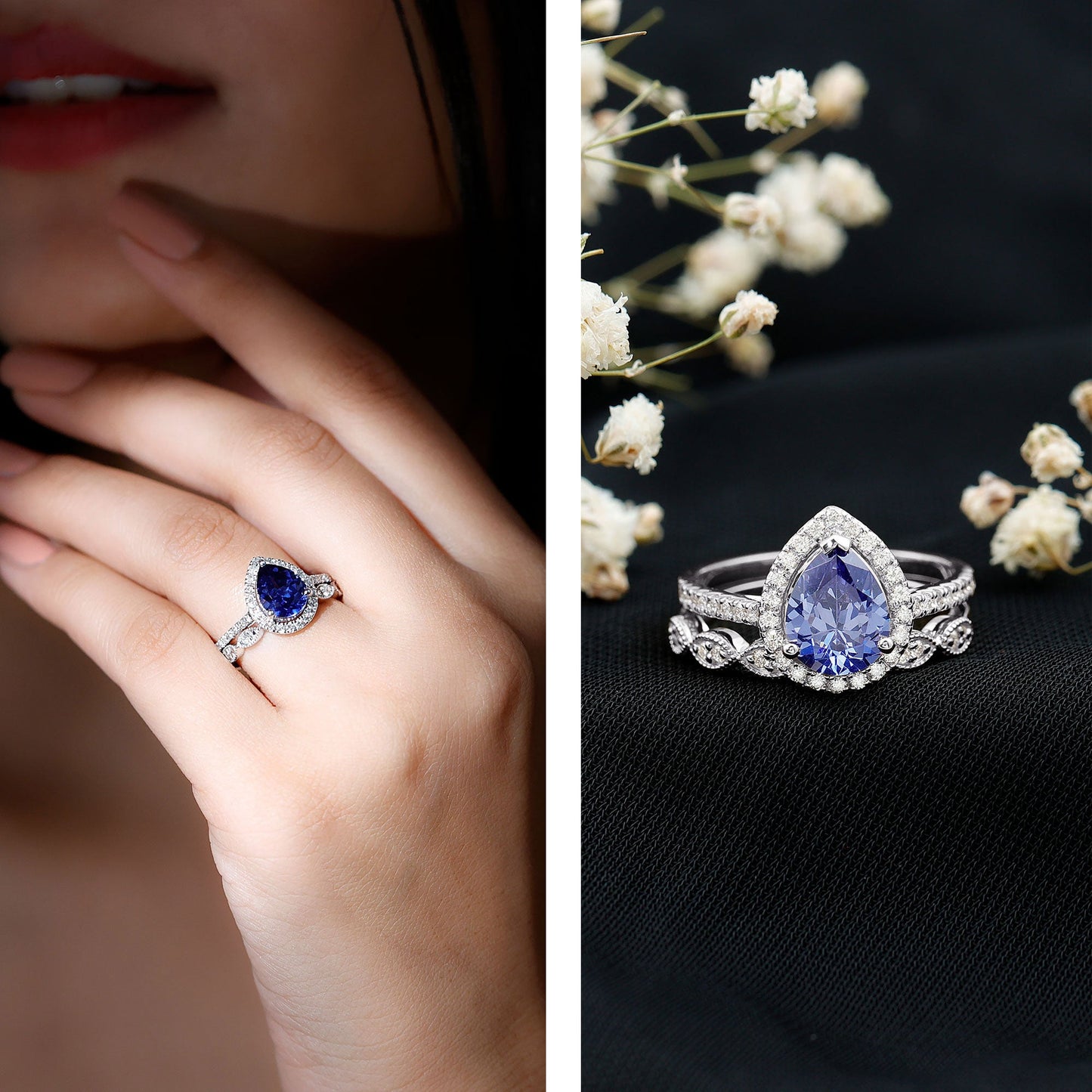 Certified 1.6 Carat Lab Grown Blue Sapphire Pear Shaped Engagement Ring Set with Diamond