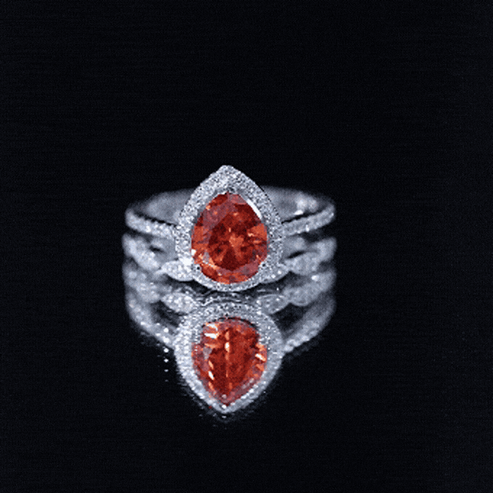 3.3 Carat Pear Shaped Lab Grown Orange Sapphire Wedding Ring Set with Diamond