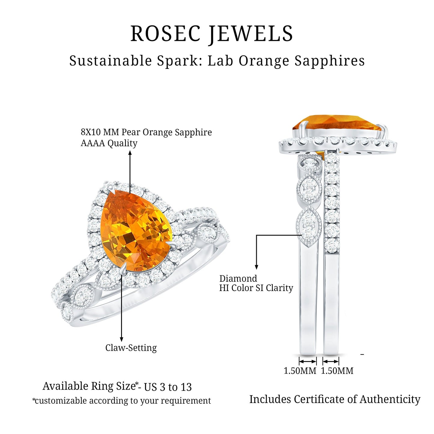 3.3 Carat Pear Shaped Lab Grown Orange Sapphire Wedding Ring Set with Diamond