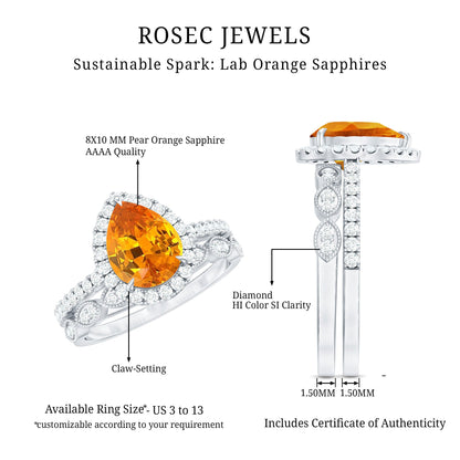 3.3 Carat Pear Shaped Lab Grown Orange Sapphire Wedding Ring Set with Diamond