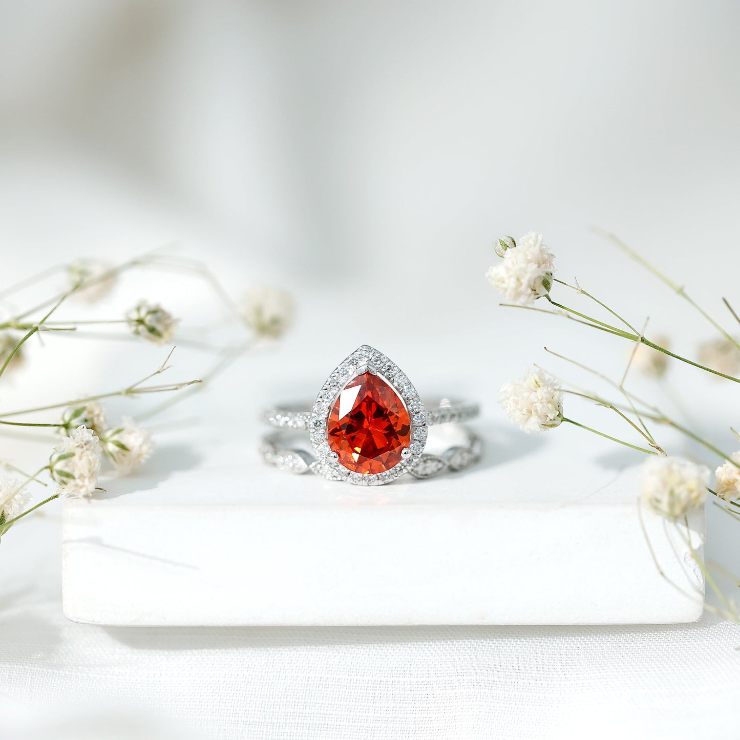 3.3 Carat Pear Shaped Lab Grown Orange Sapphire Wedding Ring Set with Diamond