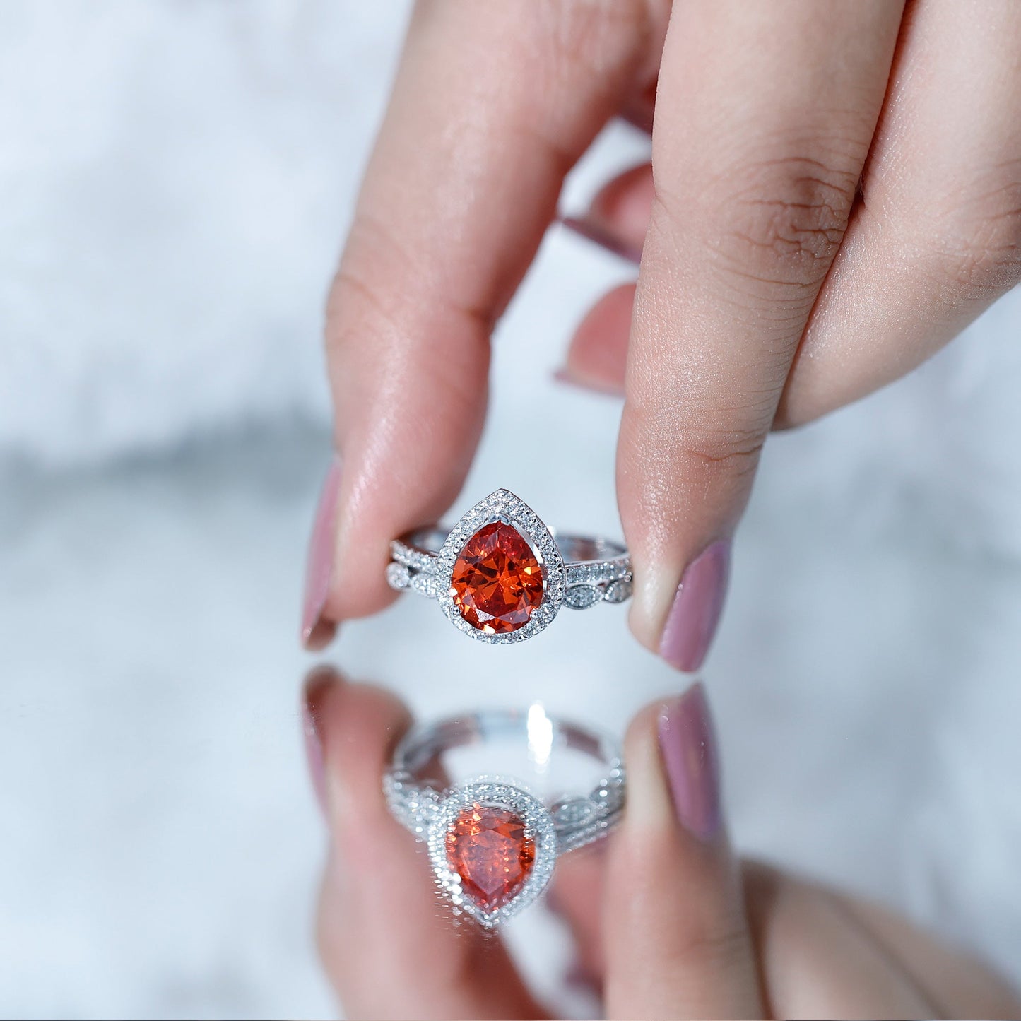 3.3 Carat Pear Shaped Lab Grown Orange Sapphire Wedding Ring Set with Diamond