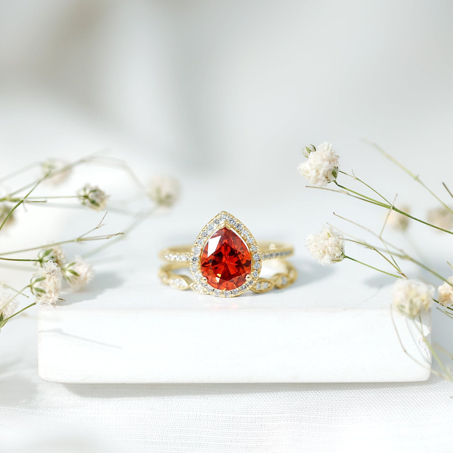 3.3 Carat Pear Shaped Lab Grown Orange Sapphire Wedding Ring Set with Diamond