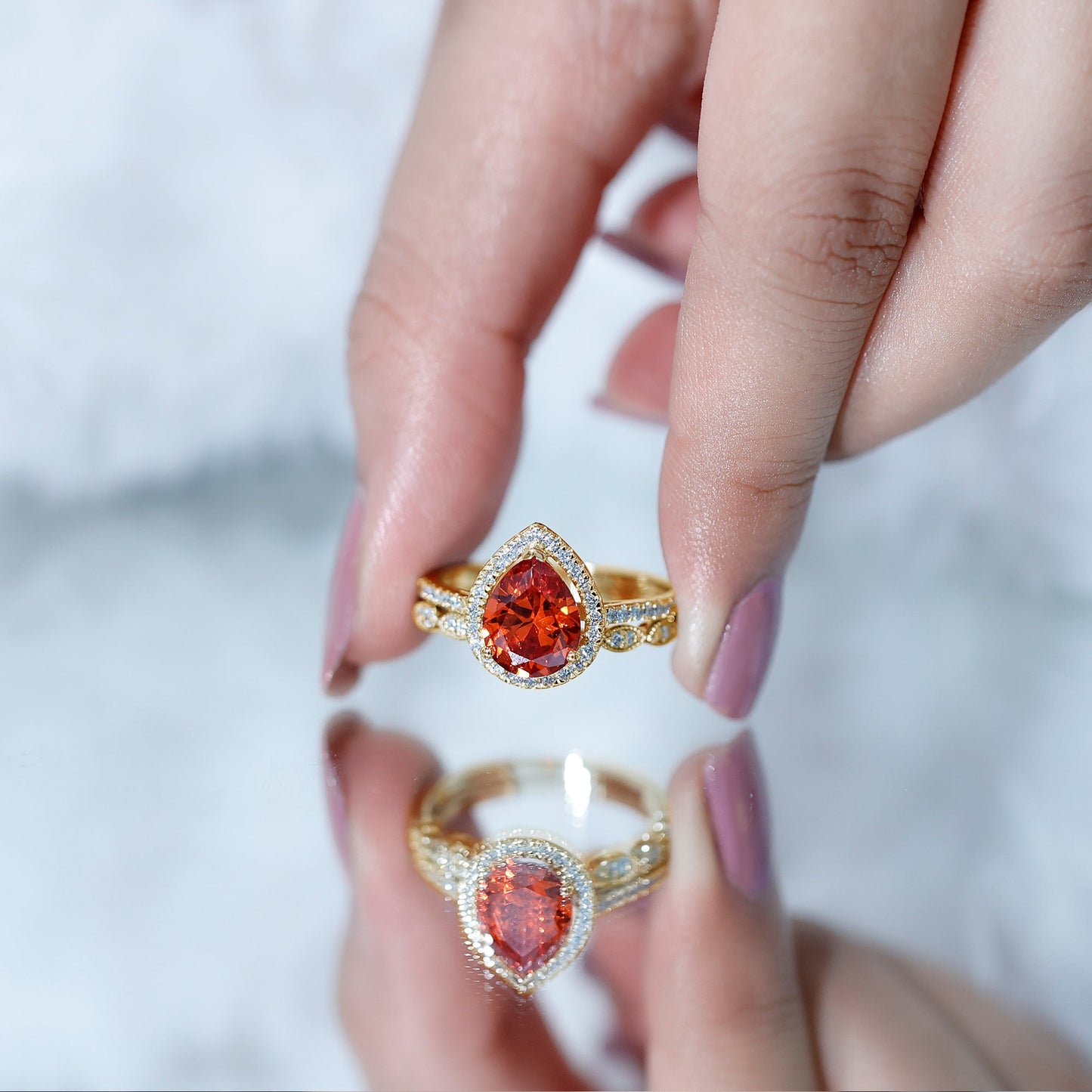 3.3 Carat Pear Shaped Lab Grown Orange Sapphire Wedding Ring Set with Diamond