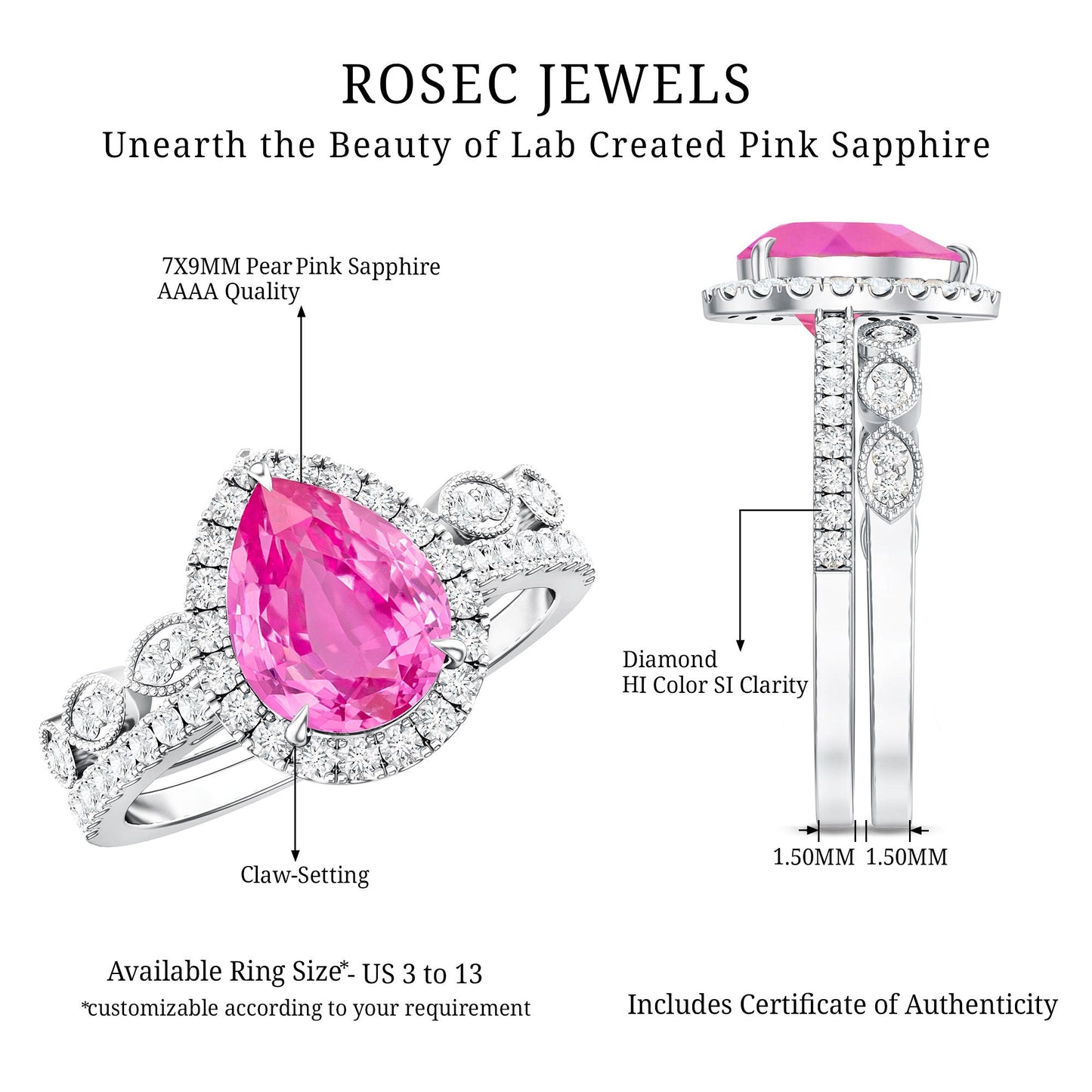 Lab Grown Pink Sapphire Pear Shaped Engagement Ring Set