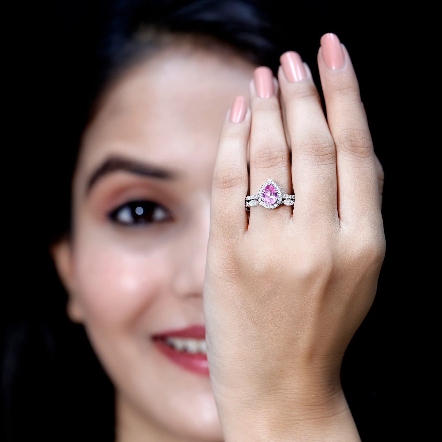 Lab Grown Pink Sapphire Pear Shaped Engagement Ring Set