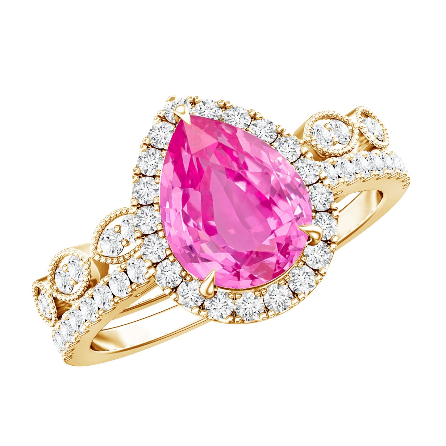 Lab Grown Pink Sapphire Pear Shaped Engagement Ring Set