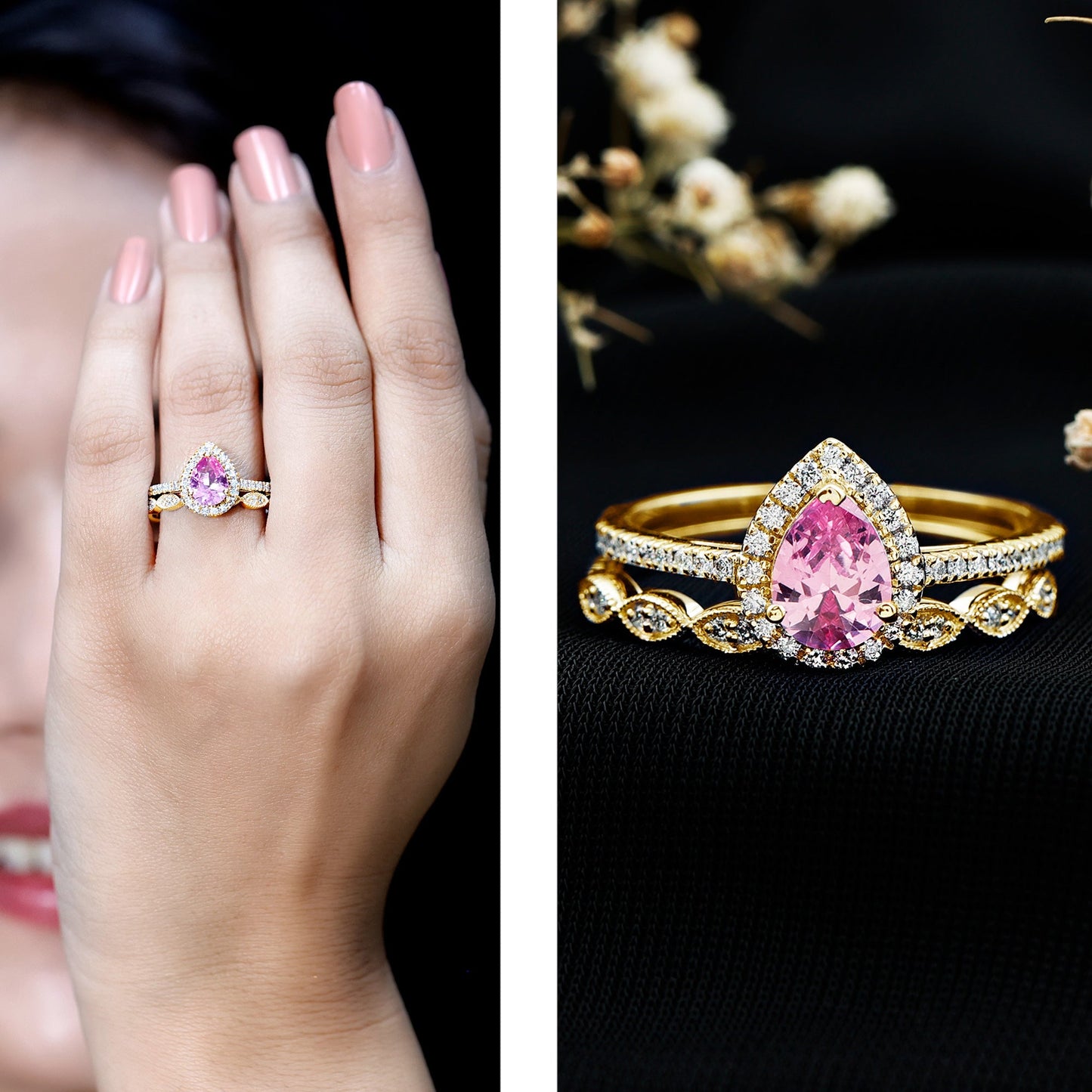 Lab Grown Pink Sapphire Pear Shaped Engagement Ring Set