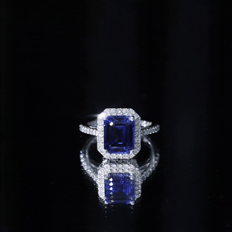 Certified 2.75 Carat Lab Grown Blue Sapphire Emerald Cut Engagement Ring with Diamond Halo