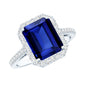 Certified 2.75 Carat Lab Grown Blue Sapphire Emerald Cut Engagement Ring with Diamond Halo
