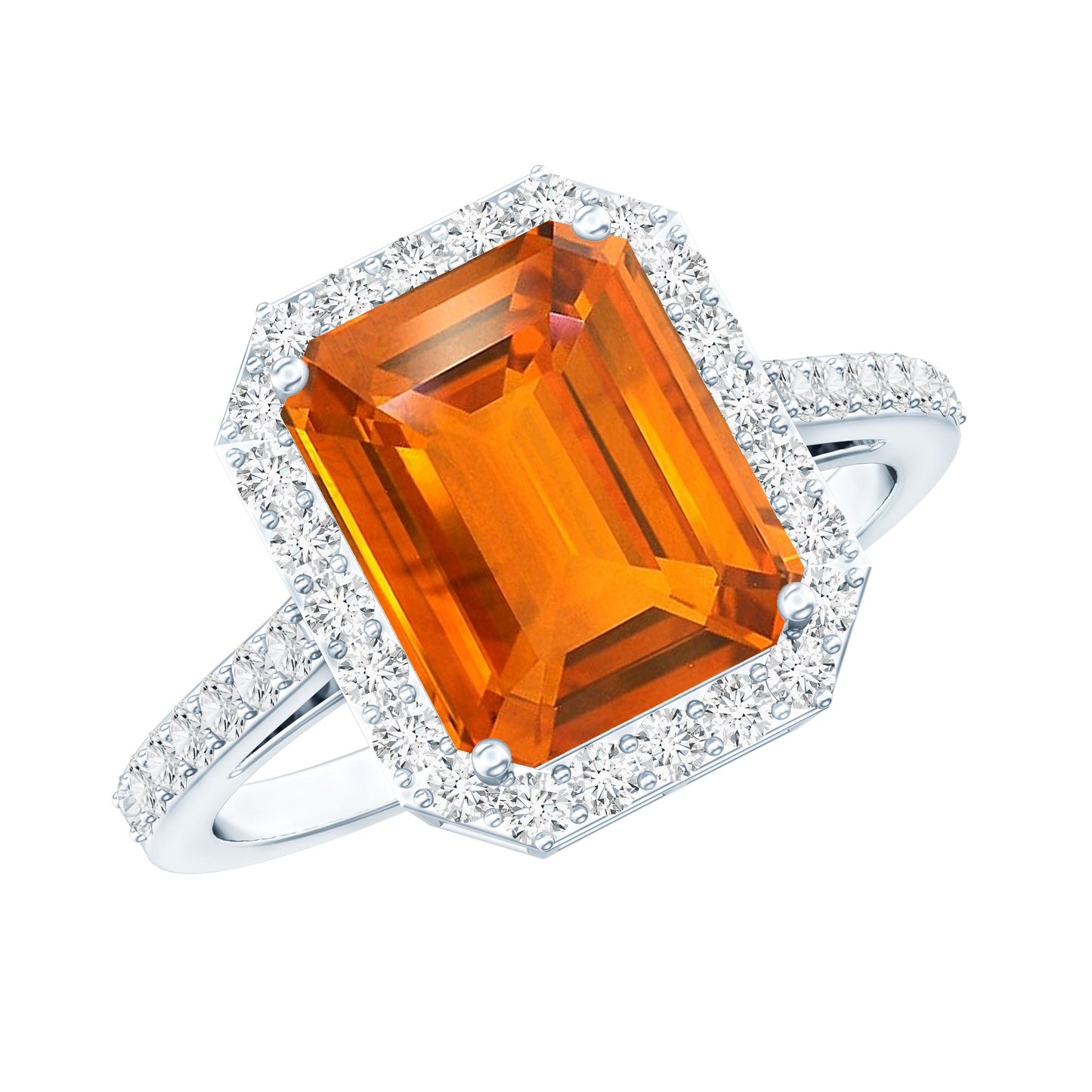 2.75 Carat Lab Grown Orange Sapphire Emerald Cut Engagement Ring with Diamond Halo