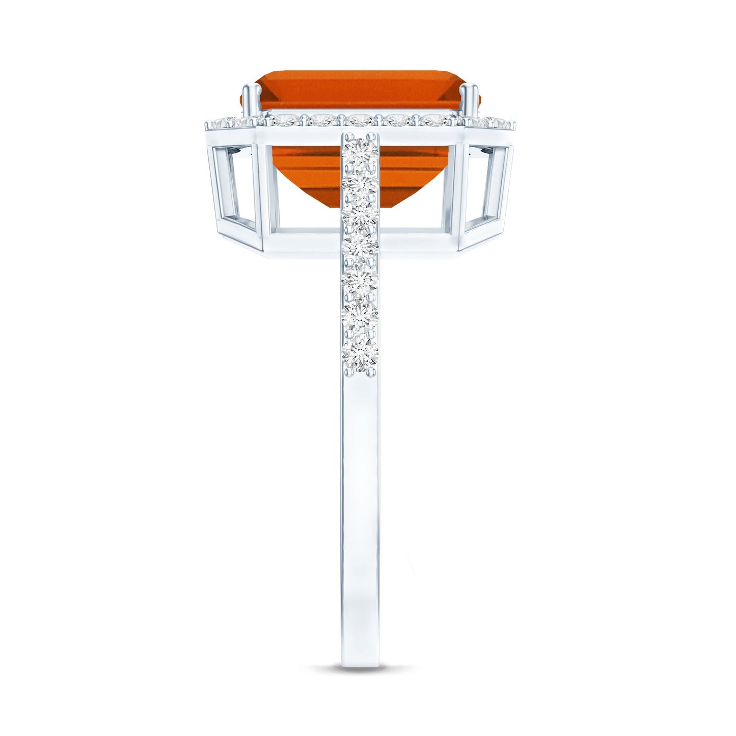 2.75 Carat Lab Grown Orange Sapphire Emerald Cut Engagement Ring with Diamond Halo