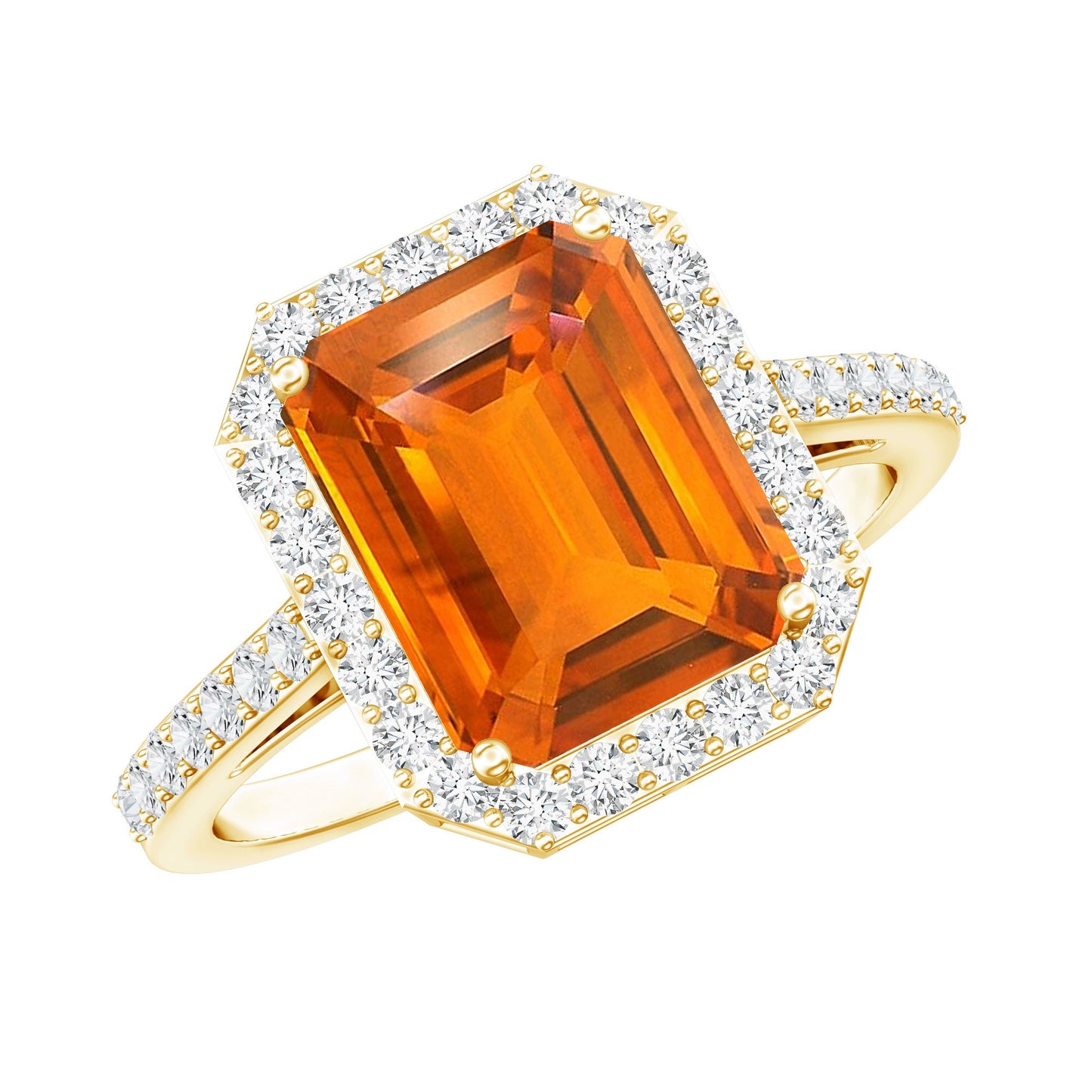 2.75 Carat Lab Grown Orange Sapphire Emerald Cut Engagement Ring with Diamond Halo