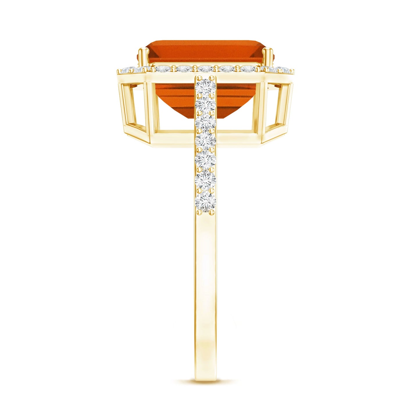 2.75 Carat Lab Grown Orange Sapphire Emerald Cut Engagement Ring with Diamond Halo