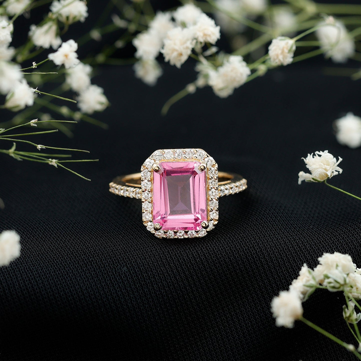 2.75 Carat Lab Grown Pink Sapphire Emerald Cut Engagement Ring with Diamond