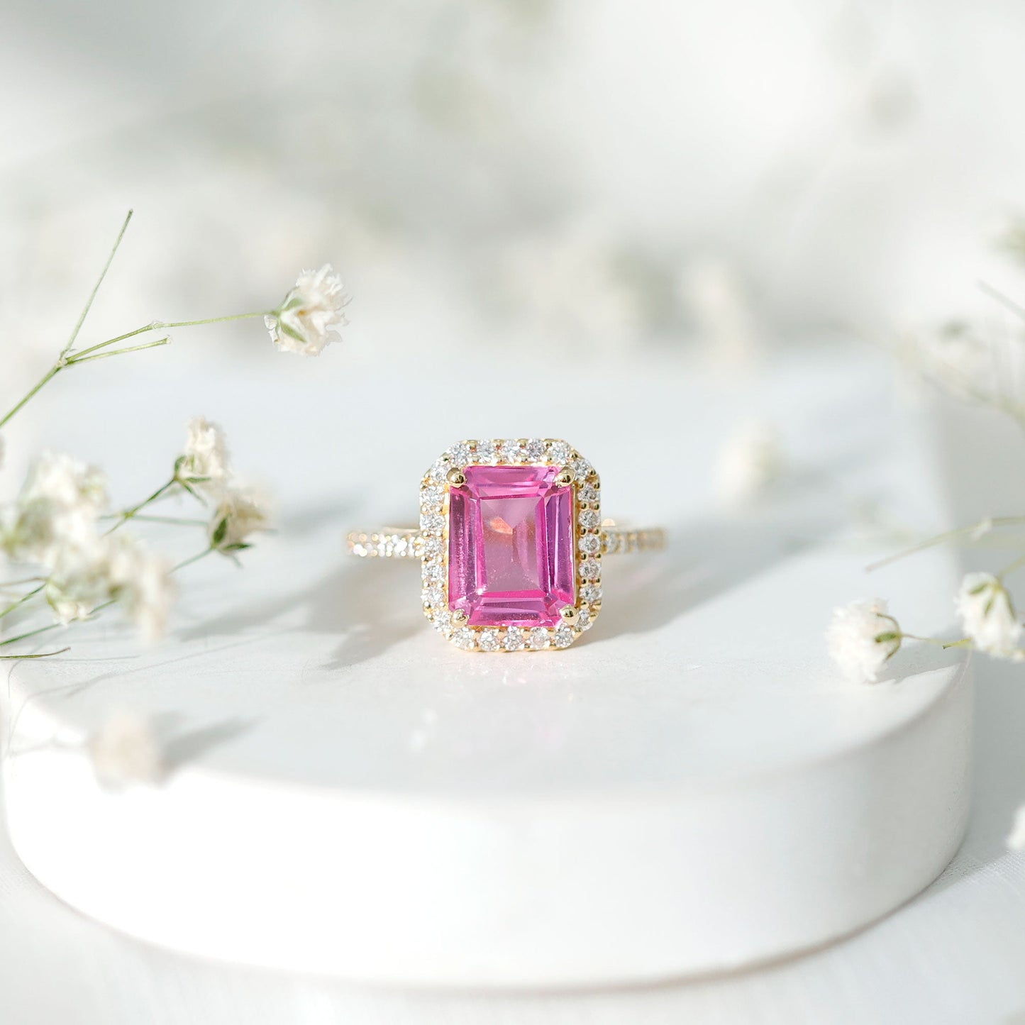 2.75 Carat Lab Grown Pink Sapphire Emerald Cut Engagement Ring with Diamond