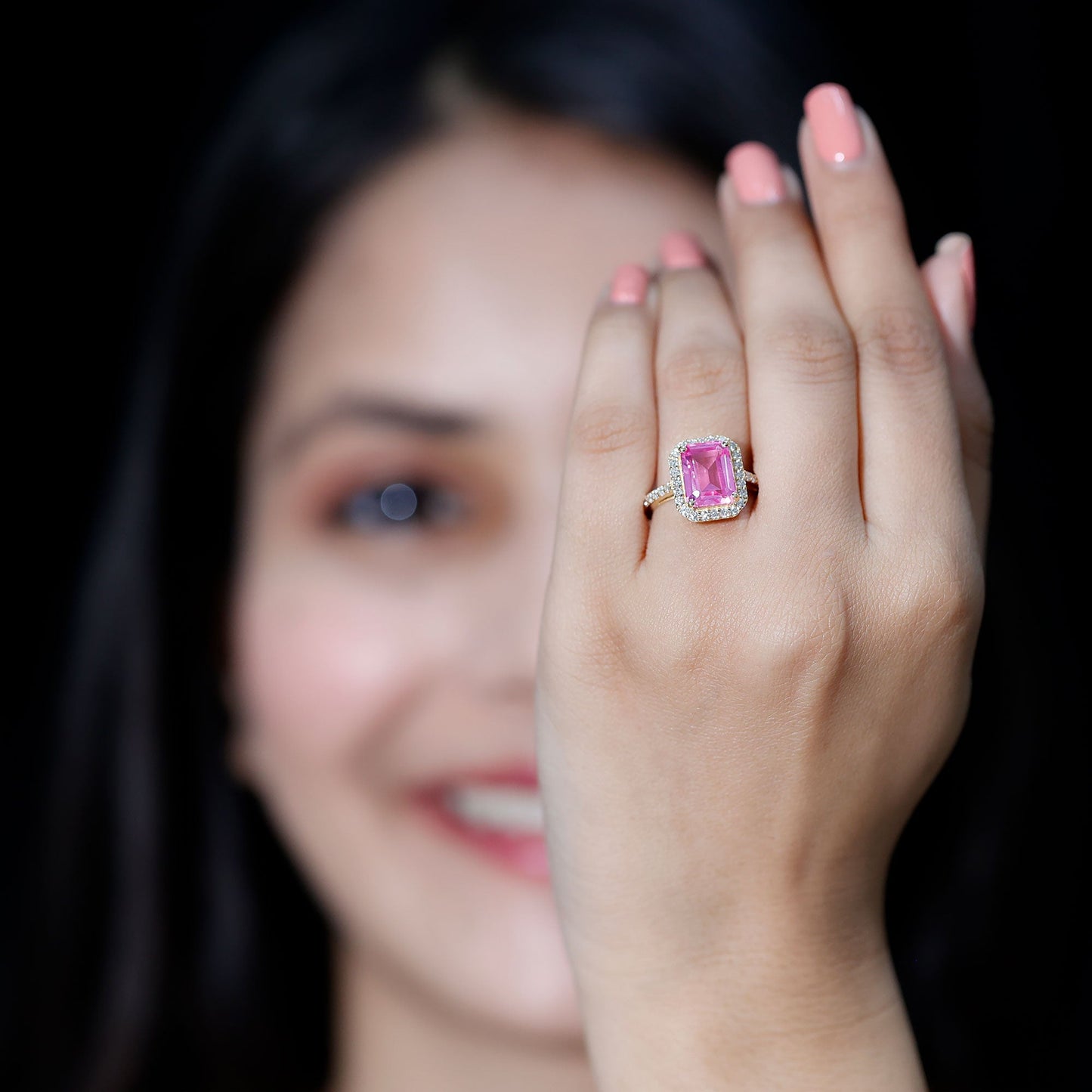 2.75 Carat Lab Grown Pink Sapphire Emerald Cut Engagement Ring with Diamond