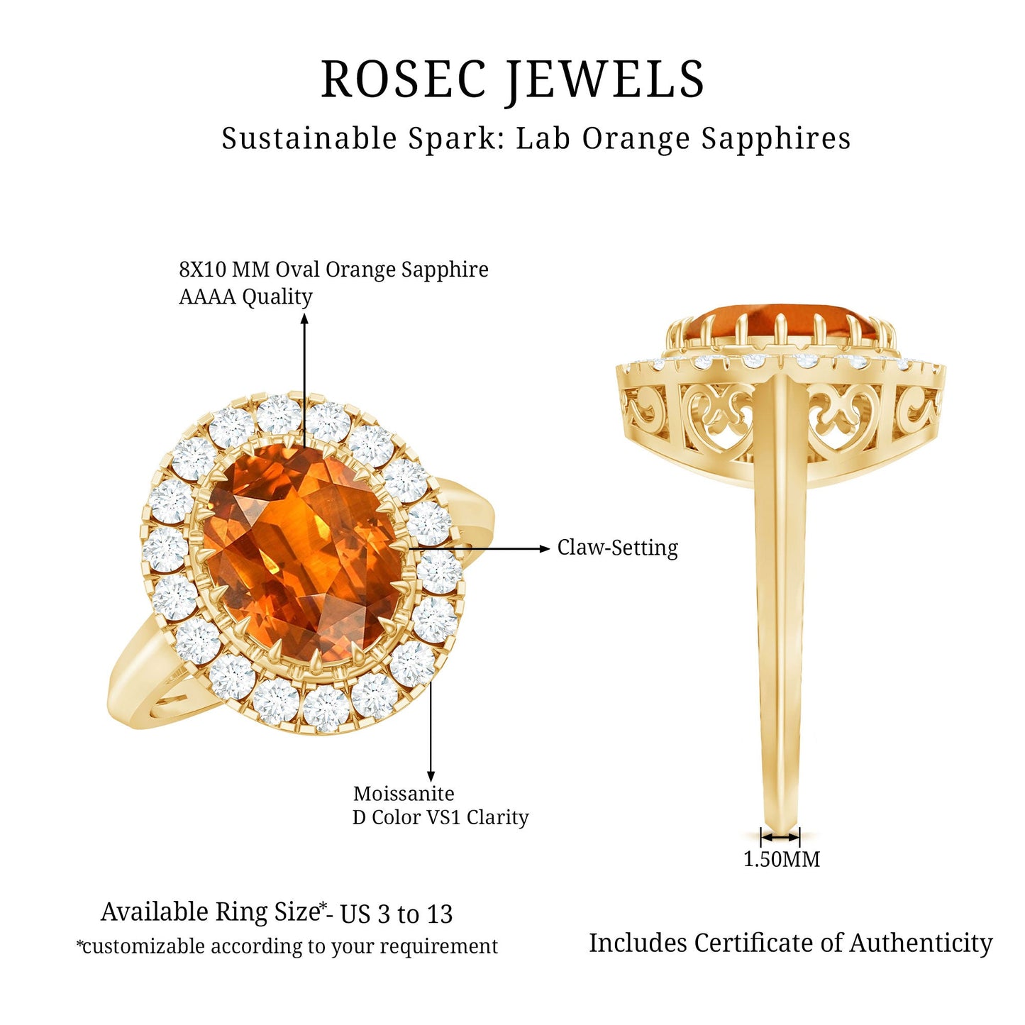 Certified 4 Carat Lab Grown Orange Sapphire Huge Engagement Ring with Diamonds