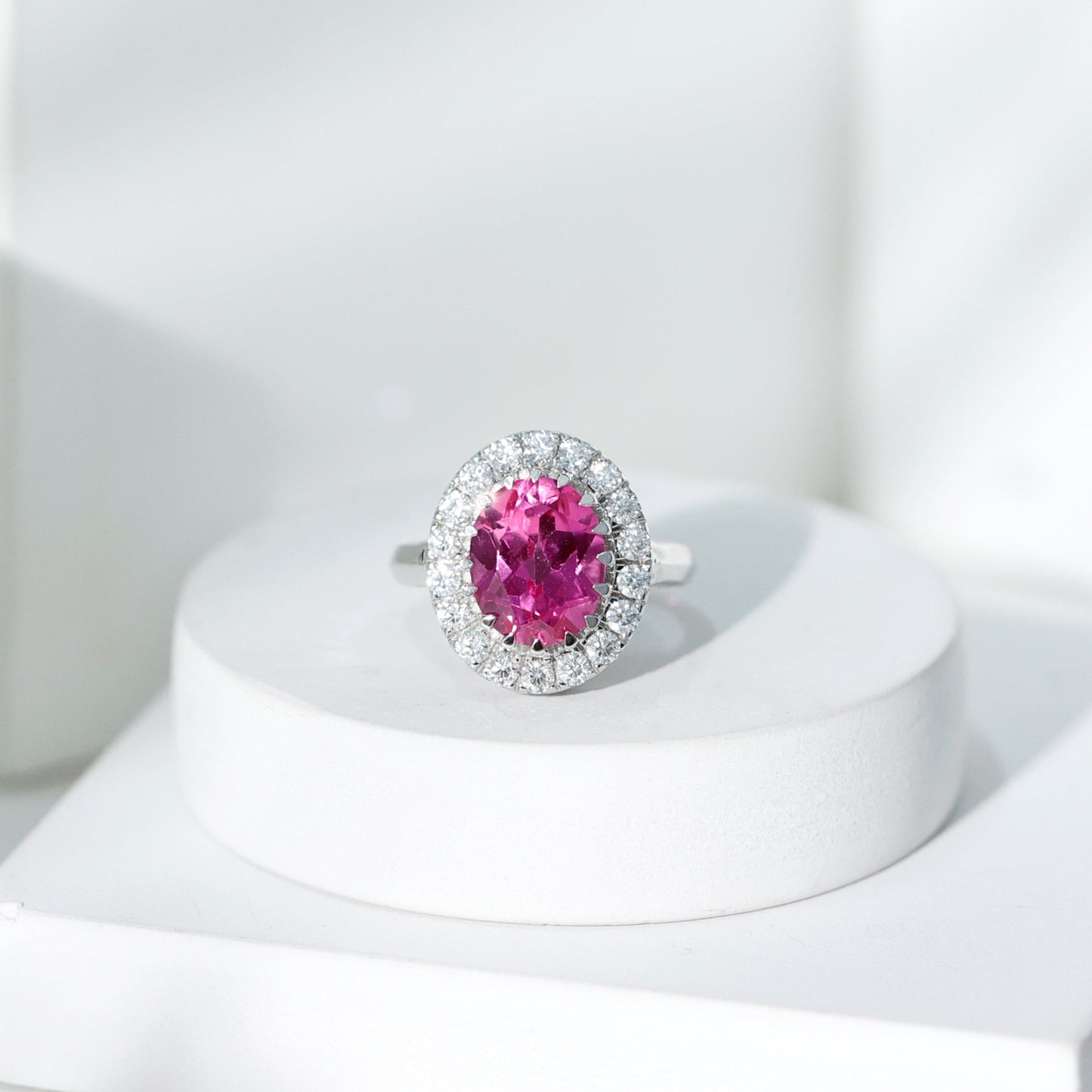4 Carat Lab Grown Pink Sapphire Cocktail Engagement Ring with Diamond Halo