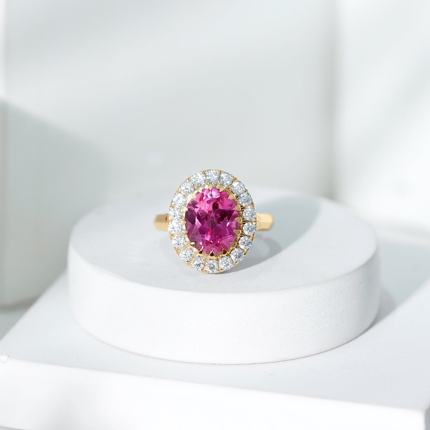 4 Carat Lab Grown Pink Sapphire Cocktail Engagement Ring with Diamond Halo