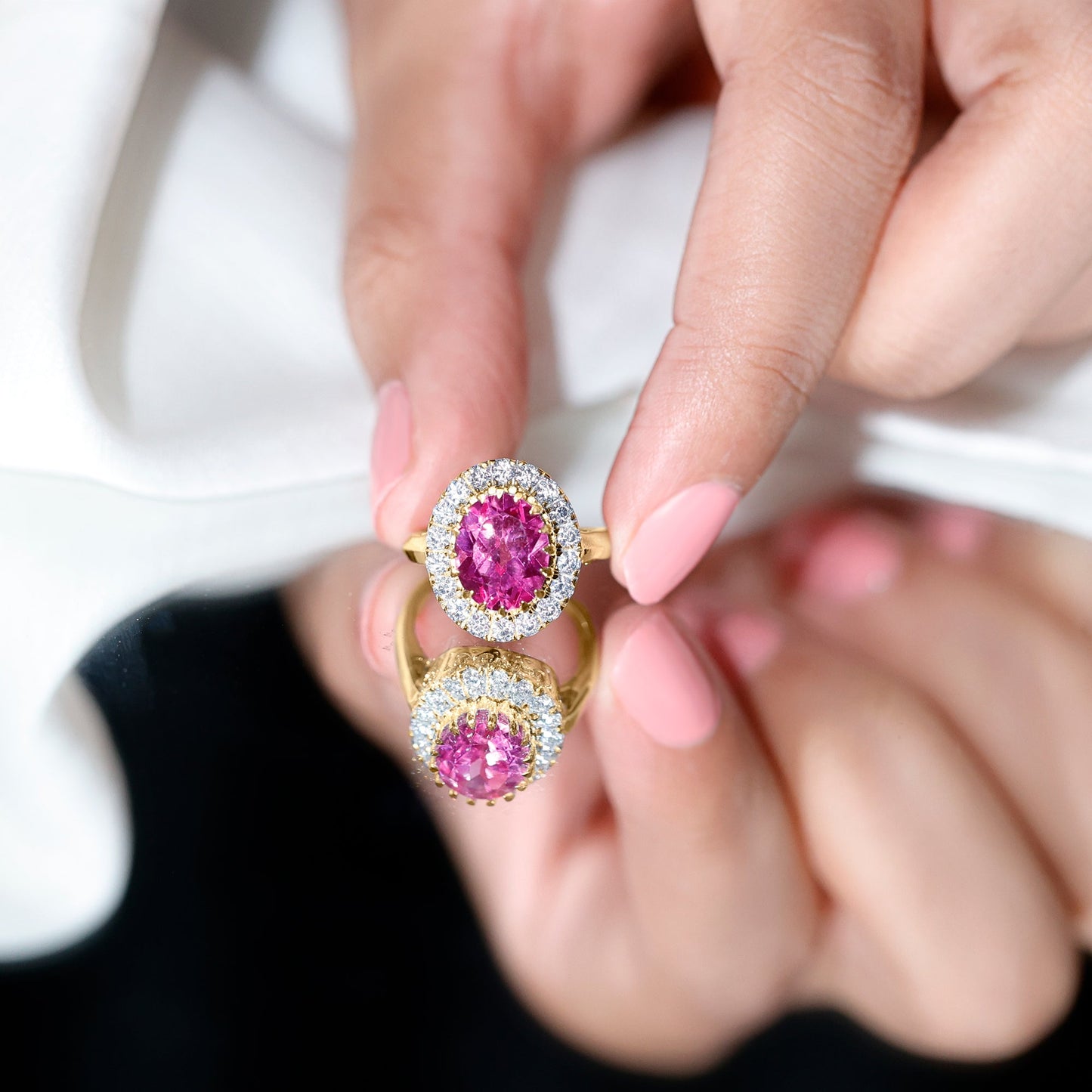 4 Carat Lab Grown Pink Sapphire Cocktail Engagement Ring with Diamond Halo